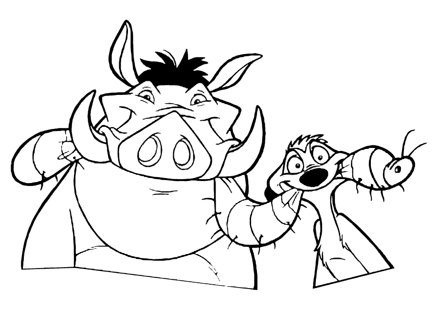 Timon und Pumbaa halten den Wurm im Mund